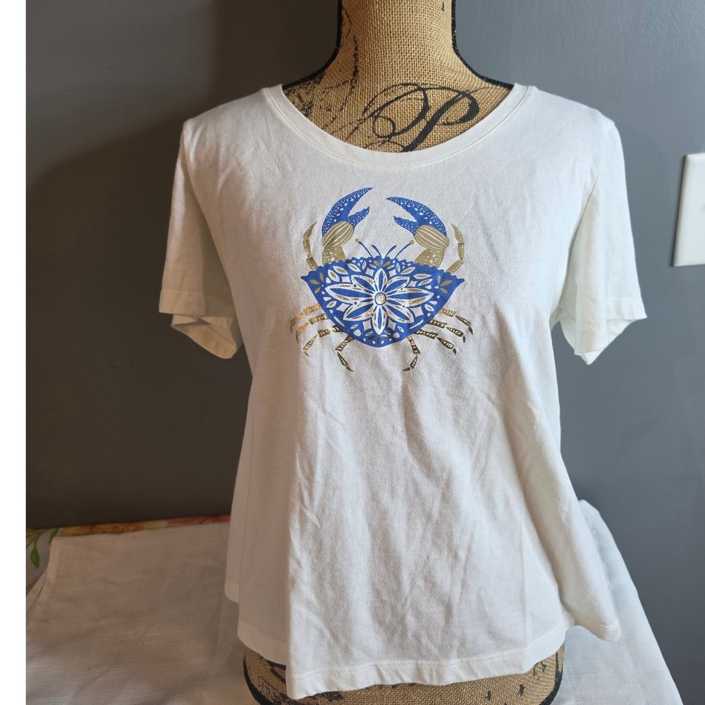 Coral Bay Petite White Blue Gold Crab Mandala Graphic Tee Shirt PL
